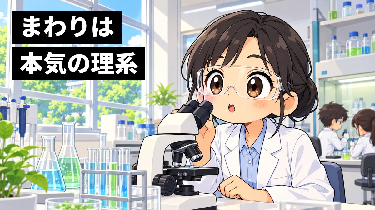 大学の研究室で、白衣の女子大学生が顕微鏡から顔を上げ、目を見開いて夢中になっている挿絵。奥では白衣の学生たちが実験をしている。文字「まわりは本気の理系」