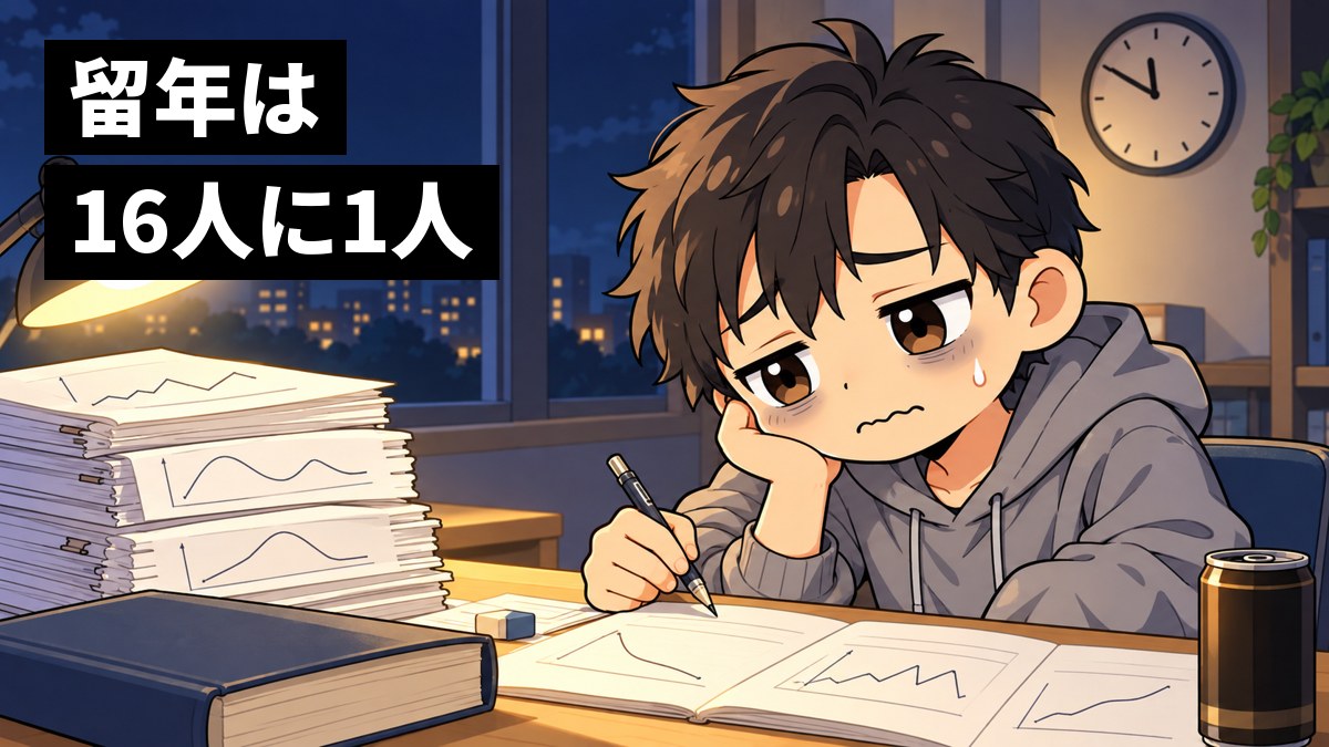 夜の大学の自習室で、男子大学生が積み上がった実験レポートと分厚い教科書を前に、肩を落として途方にくれている挿絵。文字「留年は16人に1人」