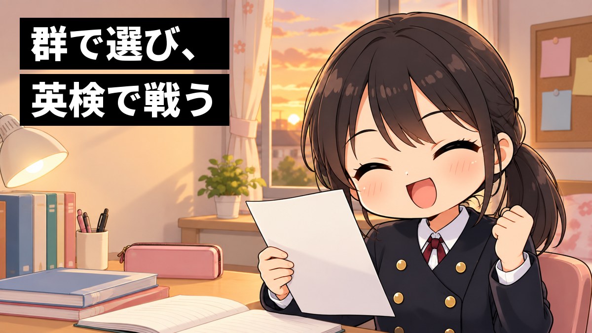 夕方の家の勉強机で、安房高校の制服の女子が、英検の結果が書かれた紙を片手に持ち、もう片方の手でこぶしを握って喜んでいる挿絵。文字「群で選び、英検で戦う」