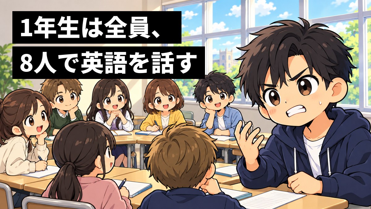 大学の小さな教室で、8人ほどの学生が机を寄せて輪になっている英語の授業。手前の男子大学生が、言いたいことが英語で出てこず、悔しそうに眉を寄せながらも口を開こうとしている挿絵。文字「1年生は全員、8人で英語を話す」