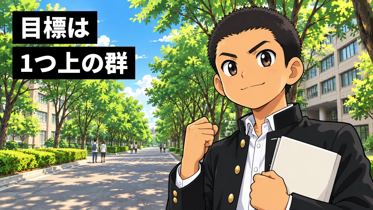 大学の構内のまっすぐなケヤキ並木の道で、安房高校の詰襟の制服を着た坊主に近い短髪の男子高校生が、大学のパンフレットを胸に抱え、口を結んで小さくガッツポーズしている挿絵。文字「目標は1つ上の群」
