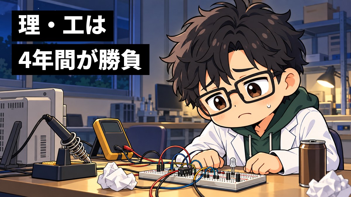 夜の工学部の実験室で、くせのある黒髪に黒ぶちの四角いめがね、白衣の男子大学生が、ランプの点かない電子回路の基板を前に肩を落とし、しょんぼりしている挿絵。文字「理・工は4年間が勝負」