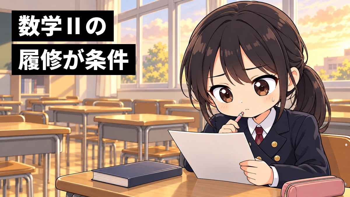 放課後の安房高校の教室で、制服の女子がコース選択の紙を手に眉を寄せ、どの科目を取るか考えこんでいる挿絵。文字「数学Ⅱの履修が条件」