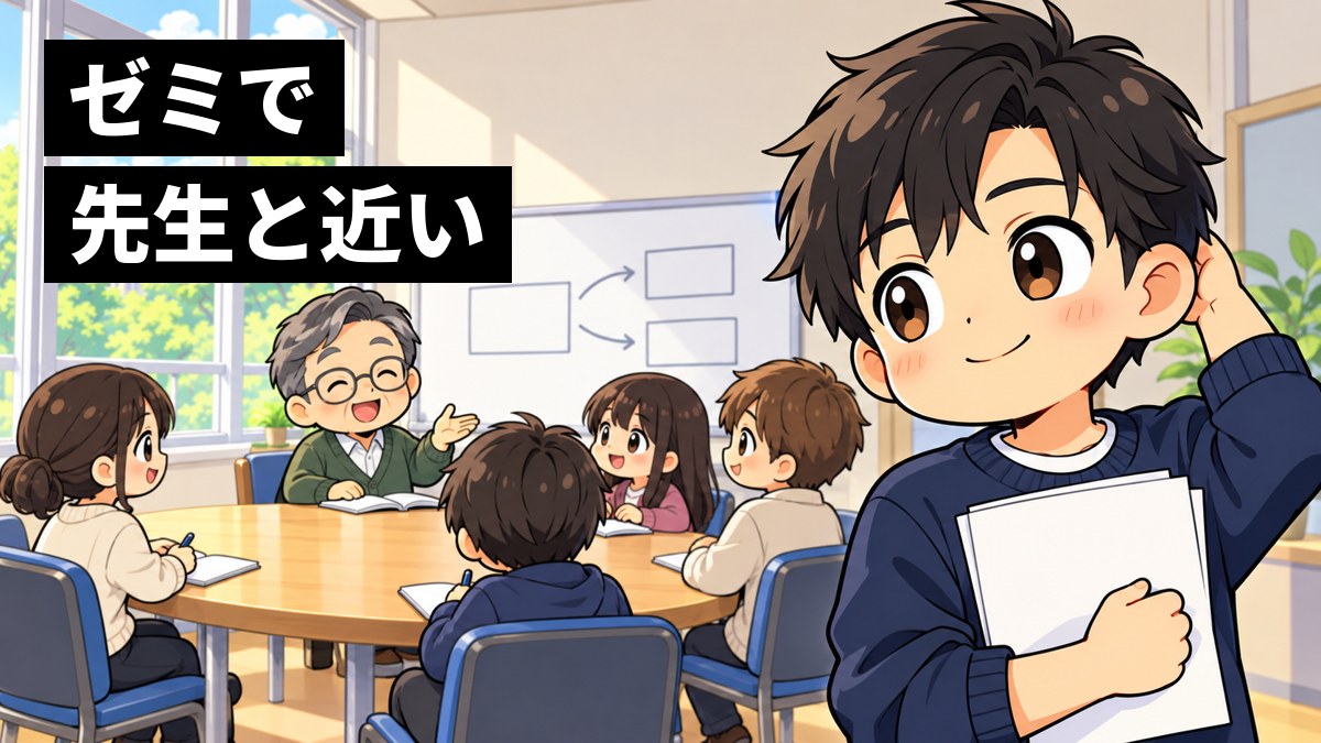 小さな大学のゼミ室で、発表を終えた男子大学生が資料を胸の前に持ち、先生にうなずかれて照れながらも胸を張っている挿絵。文字「ゼミで先生と近い」