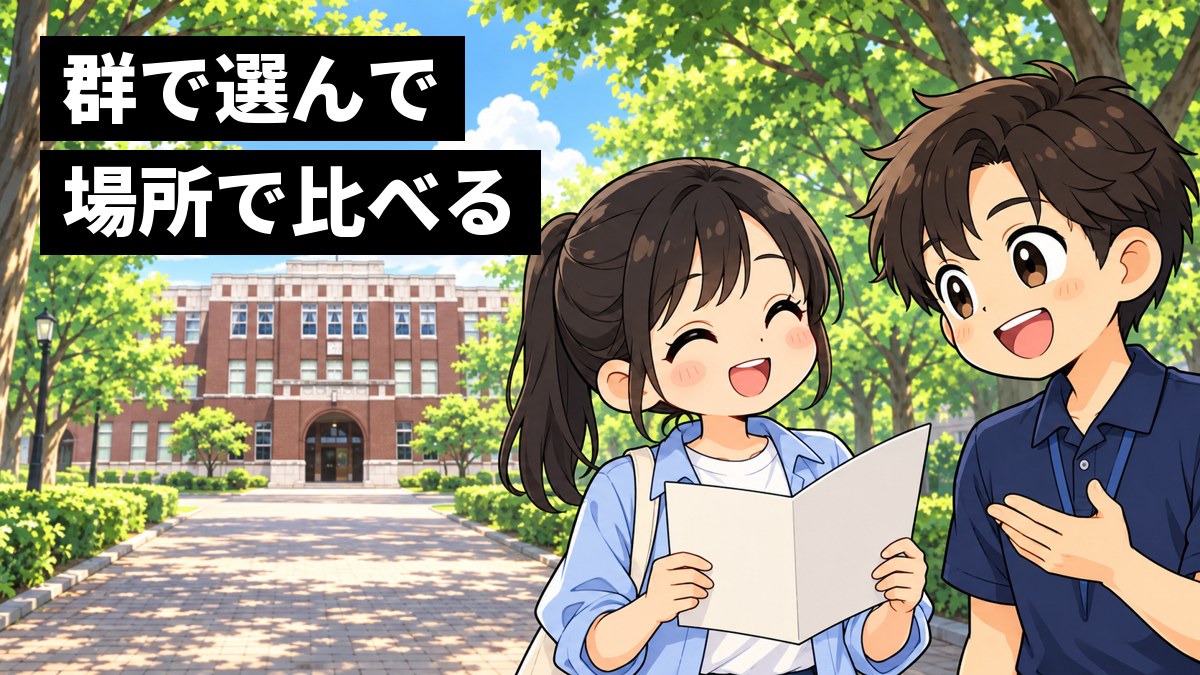 欅並木の奥に赤茶色のれんがの本館が見える道で、パンフレットを持った私服の高校生が大学生に話を聞き、ほっとした笑顔になっている挿絵。文字「群で選んで場所で比べる」