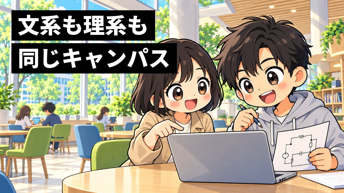 大学の明るい学習スペースで、文系の女子学生と理系の男子学生がノートパソコンをはさみ、目を輝かせて課題に取り組んでいる挿絵。文字「文系も理系も同じキャンパス」
