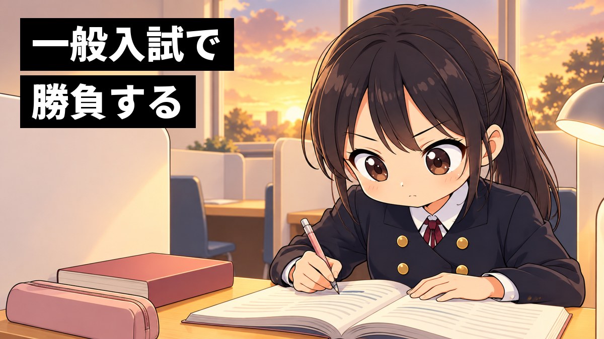 夕方の自習室で、安房高校の制服の女子が英語の長文の問題集に向かい、口を結んでまっすぐ問題を見つめている挿絵。文字「一般入試で勝負する」