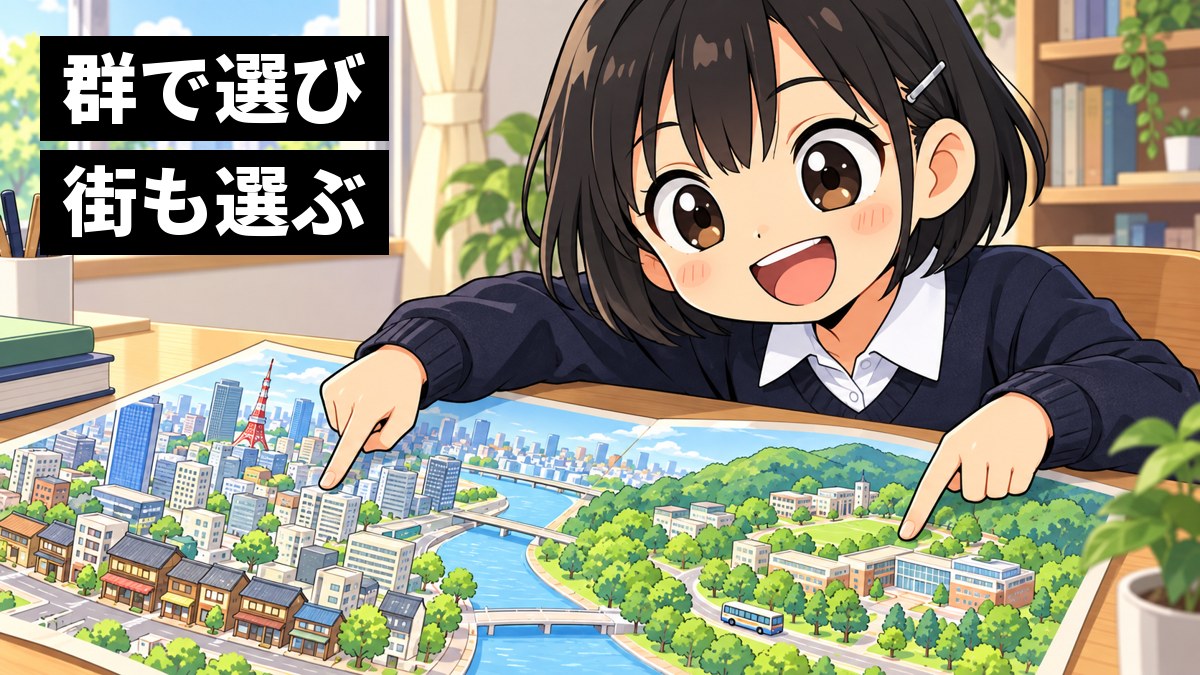 机に広げた大きなイラストの地図で、ビルと古本屋の並ぶ街と、緑の丘の上のキャンパスを指さして見比べる紺のセーター姿の女子高校生が、にっこり笑っている挿絵。文字「群で選び街も選ぶ」