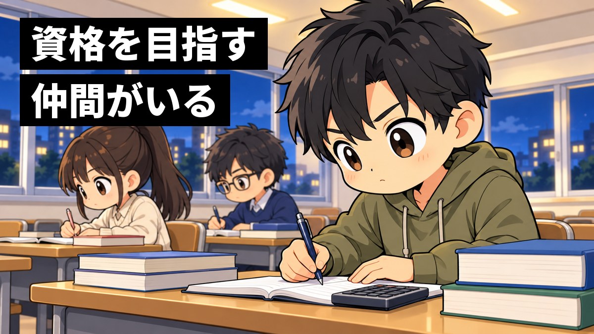 夜の大学の教室で、分厚いテキストと電卓を机に広げた大学生たちが資格講座を受けている。手前のカーキのパーカーの男子大学生が夢中でノートを取っている挿絵。文字「資格を目指す仲間がいる」