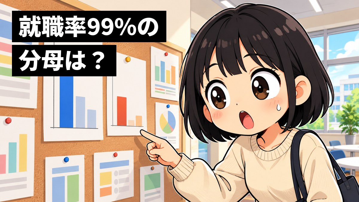 大学のキャリアセンターの掲示板の前で、ショートボブの黒髪にベージュのニットの女子大学生が、2枚の紙のグラフを見比べて目を丸くしている挿絵。文字「就職率99%の分母は?」