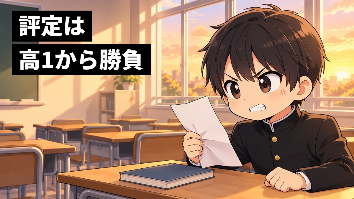 放課後の安房高校の教室で、学ラン姿の男子が返ってきた答案を握りしめ、悔しさに歯を食いしばって前をにらんでいる挿絵。文字「評定は高1から勝負」