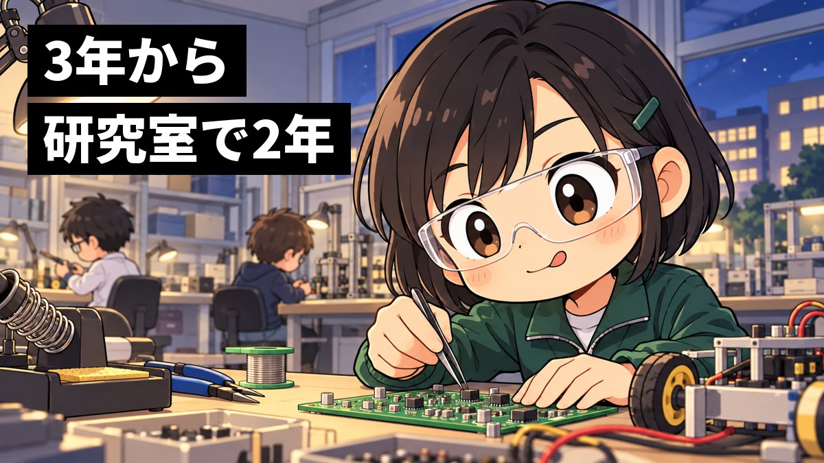 大学の研究室の作業台で、作業用のめがねをかけた女子大学生がピンセットで小さな電子回路の部品を置き、息を止めて夢中になっている挿絵。奥には先輩たち。文字「3年から研究室で2年」