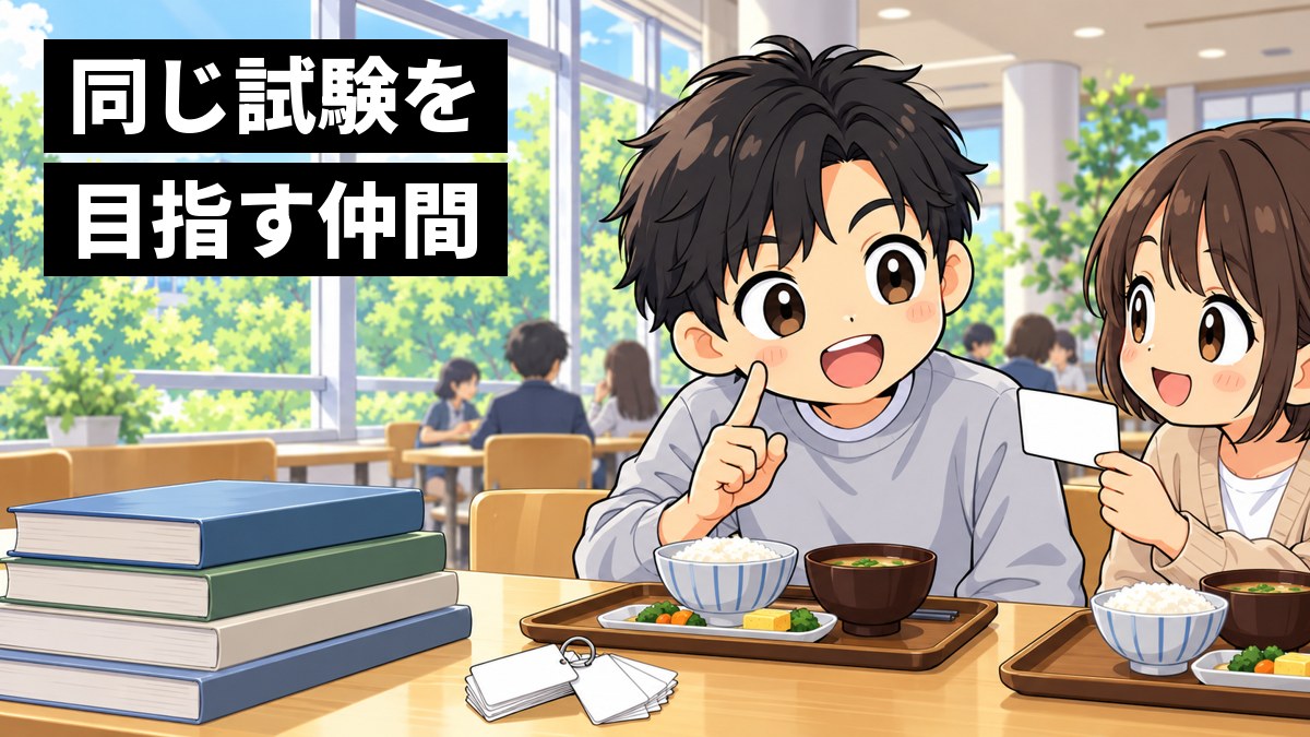 大学の学生食堂の窓ぎわの席で、短い黒髪の男子大学生が身を乗り出し、向かいの友だちが掲げた単語カードに夢中で答えようとしている挿絵。文字「同じ試験を目指す仲間」