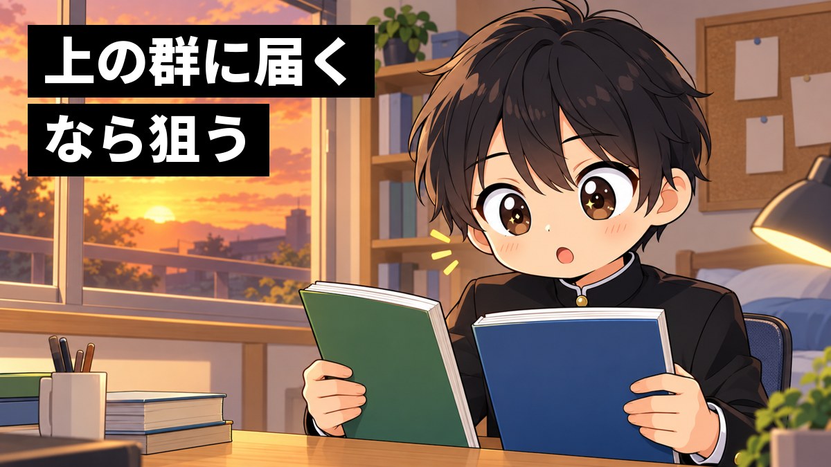 夕方の家の自分の机で、学ラン姿の安房高校の男子が2冊の大学案内を両手に持って見比べ、ひらめいたように目を見開いて顔を明るくしている挿絵。文字「上の群に届くなら狙う」