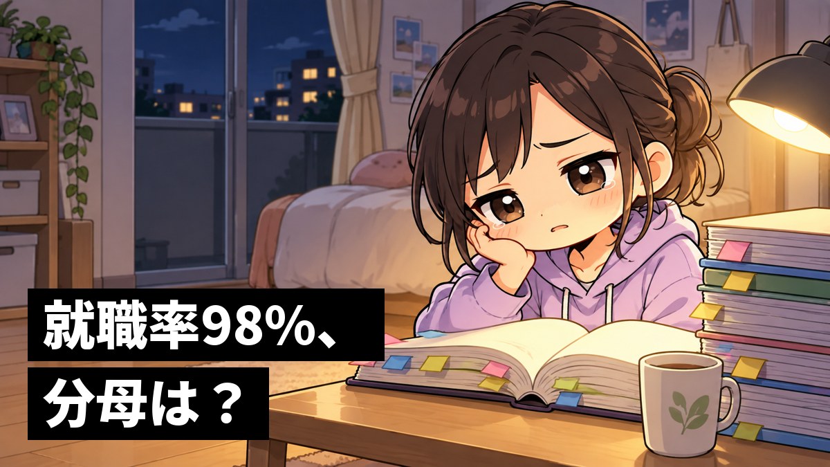夜のひとり暮らしの部屋で、ゆるく髪をまとめた女子大学生が、付箋だらけの分厚い問題集と実習の記録の束を前に、肩を落として眉を下げ、しょんぼりと見つめている挿絵。文字「就職率98%、分母は?」