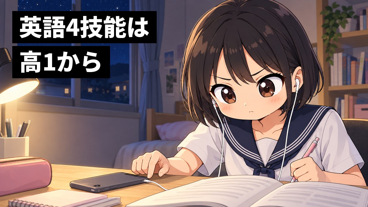 夜の自分の部屋で、セーラー服の安房高校の女子がイヤホンをして英語のテキストを開き、聞き取れなかった悔しさに口をきゅっと結んでいる挿絵。文字「英語4技能は高1から」