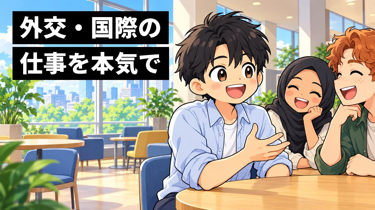 明るい大学のラウンジで、男子大学生が留学生の仲間たちと丸いテーブルを囲み、話が通じて得意げに笑っている挿絵。文字「外交・国際の仕事を本気で」