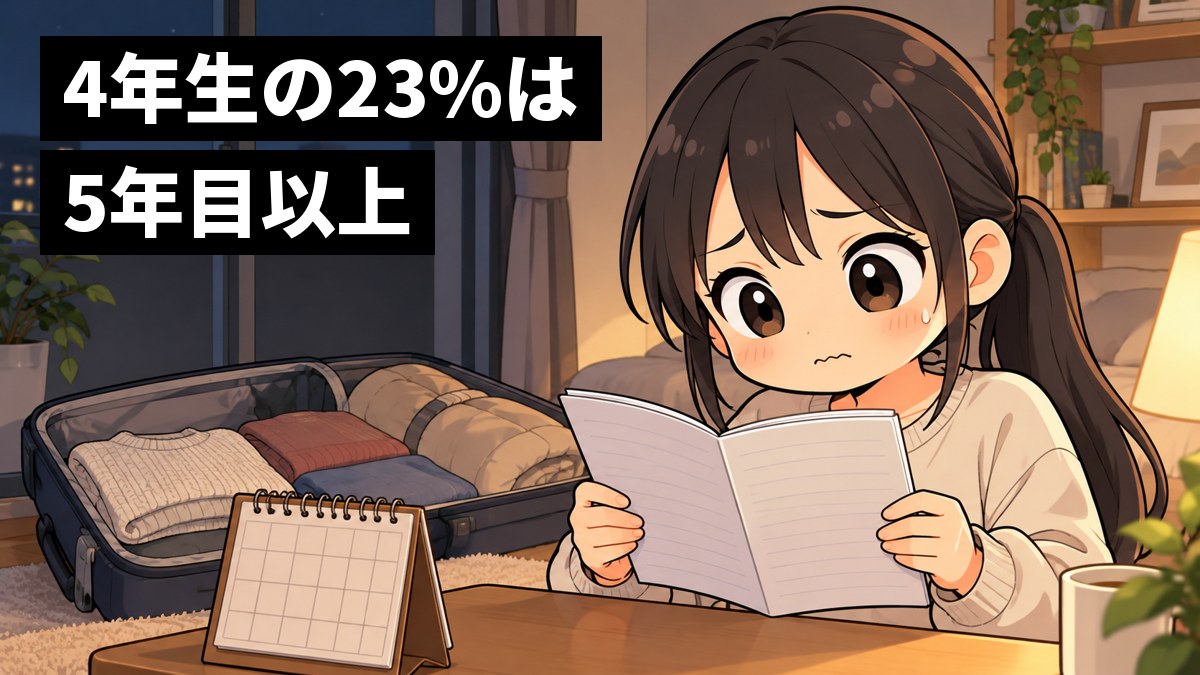 夜の一人暮らしの部屋で、女子大学生が半分詰めたスーツケースと分厚い履修の冊子を前に、眉を下げて考え込んでいる挿絵。文字「4年生の23%は5年目以上」