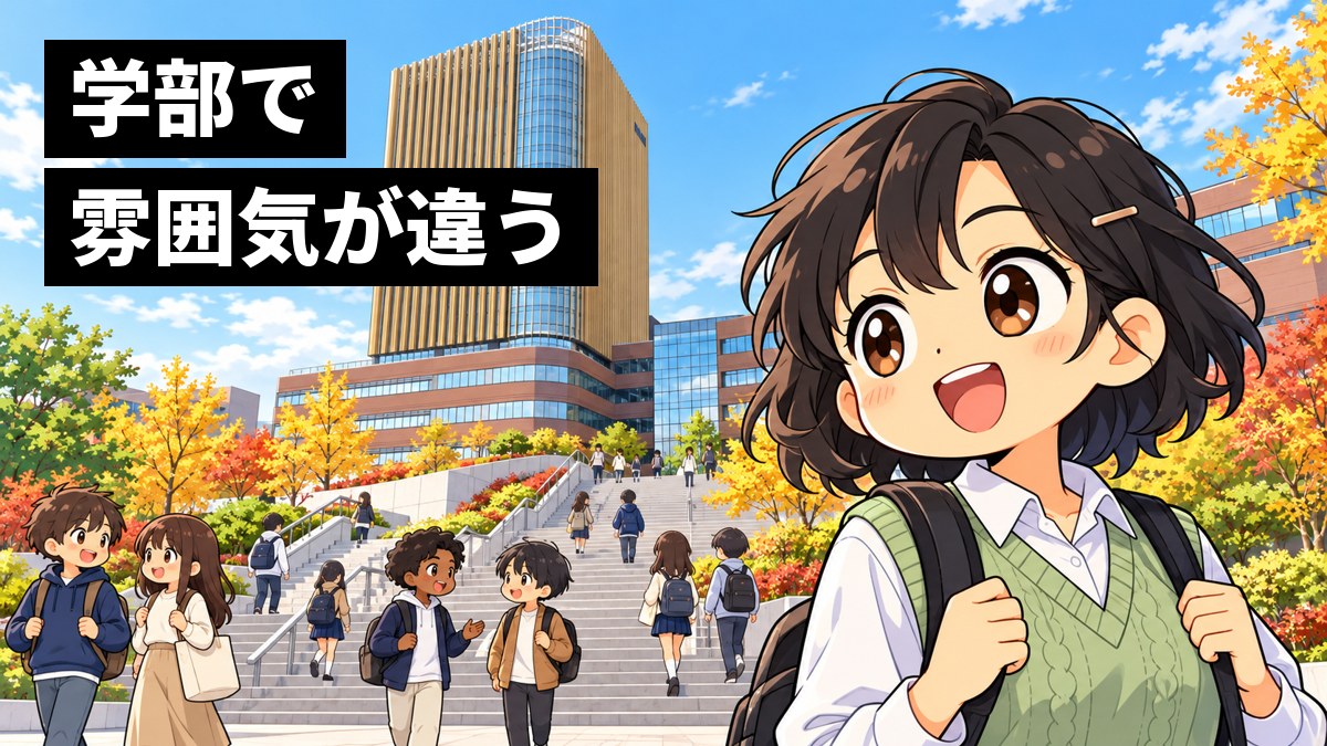 金色の縦じまの塔の前の大階段を、いろいろな学部の学生が行き交い、手前の女子大学生が目を輝かせて見回している挿絵。文字「学部で雰囲気が違う」