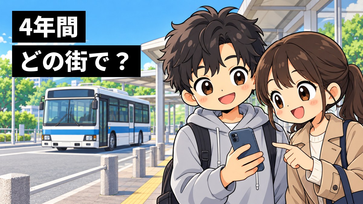駅前のバス停で、大学行きの路線バスを待つ男子学生と女子学生が、スマホの地図を見ながら穏やかに話している挿絵。文字「4年間どの街で?」