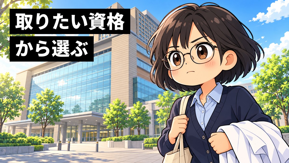 大きな大学病院の建物の前で、白衣を腕にかけた眼鏡の女子学生が、口を結んで前を見すえ実習に向かっている挿絵。文字「取りたい資格から選ぶ」