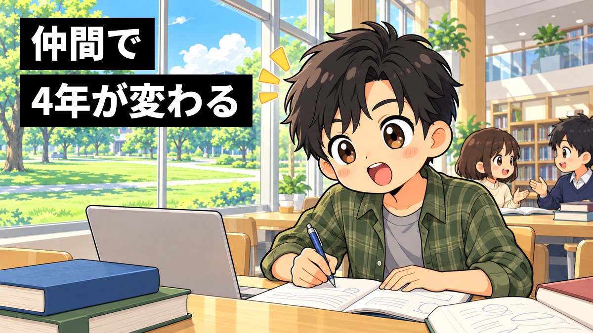 ガラス張りの明るい大学の図書館のラウンジで、短い黒髪の男子大学生が仲間との勉強会の途中にひらめき、目を見開いて身を乗り出しノートに書き込んでいる。奥で女子学生と男子学生が話している挿絵。文字「仲間で4年が変わる」