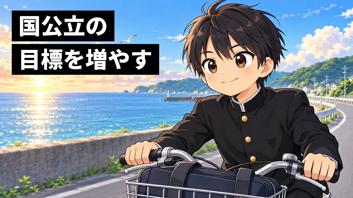 朝の海沿いの道で、学ラン姿の安房高校の男子が自転車をこぎながら、口角を上げて晴れやかに前を見すえている挿絵。文字「国公立の目標を増やす」