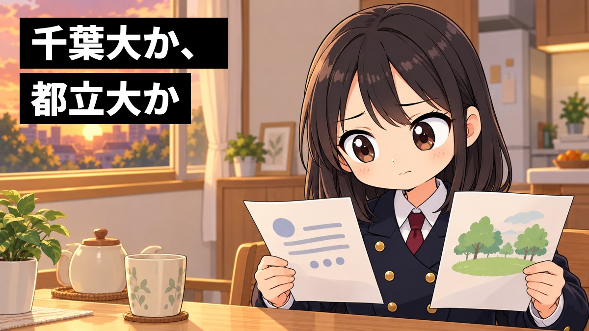 夕方の家の台所のテーブルで、安房高校の制服の女子が2枚の紙を両手に持って見比べ、眉を下げて唇をかみ、決めきれずに迷っている挿絵。文字「千葉大か、都立大か」