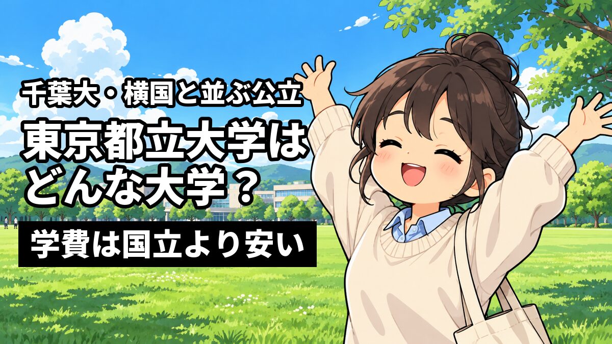 見わたすかぎり芝生の広がる郊外の大きな大学のキャンパスで、お団子髪の女子大学生が青空の下で両腕をぐっと伸ばし、目を細めて気持ちよさそうに深呼吸している。「千葉大・横国と並ぶ公立」「東京都立大学はどんな大学?」「学費は国立より安い」の文字。