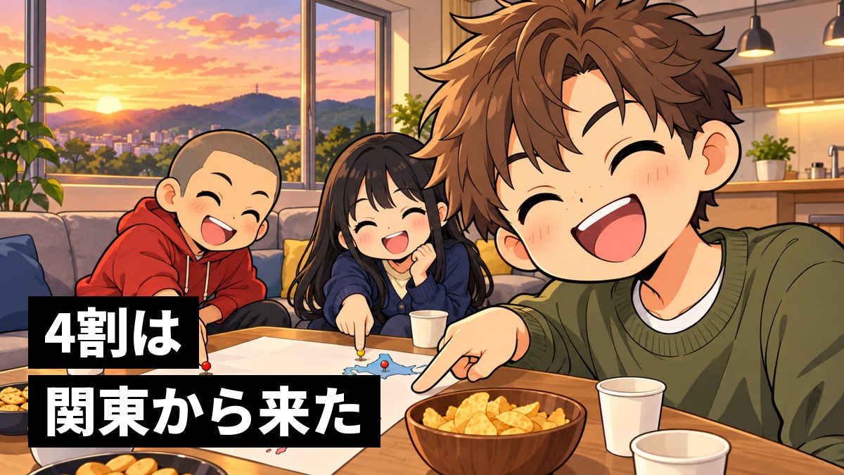 学生寮の共用リビングで、新入生たちが日本地図を囲んで出身地を言い合い、そばかすのある男子大学生が大きく笑っている挿絵。文字「4割は関東から来た」