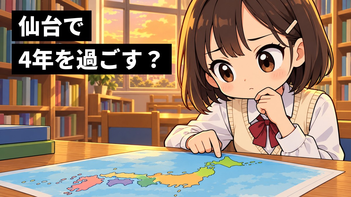 放課後の高校の図書室で、大きな日本地図を机に広げ、北のほうを指でたどりながら、少し不安そうに眉を下げて考え込む女子高校生の挿絵。文字「仙台で4年を過ごす?」