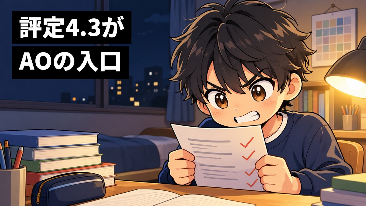 夜の自分の部屋の机で、返ってきた定期テストの答案を両手で持ち、悔しそうに歯を食いしばって次こそはと燃える男子高校生の挿絵。文字「評定4.3がAOの入口」