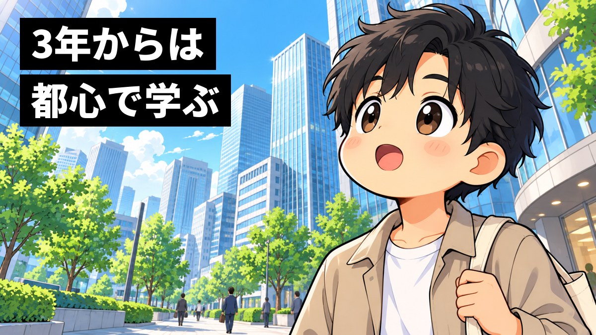 高いビルと緑の植え込みが並ぶ都心のオフィス街の歩道で、黒髪にベージュのジャケットの男子大学生が、ビルを見上げて目を丸くしている挿絵。文字「3年からは都心で学ぶ」