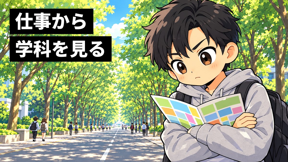 緑のケヤキ並木が続くキャンパスの道で、グレーのパーカーにリュックの短い黒髪の男子大学生が、学科がずらりと並んだパンフレットを前に腕を組み、眉を寄せて考え込んでいる挿絵。文字「仕事から学科を見る」