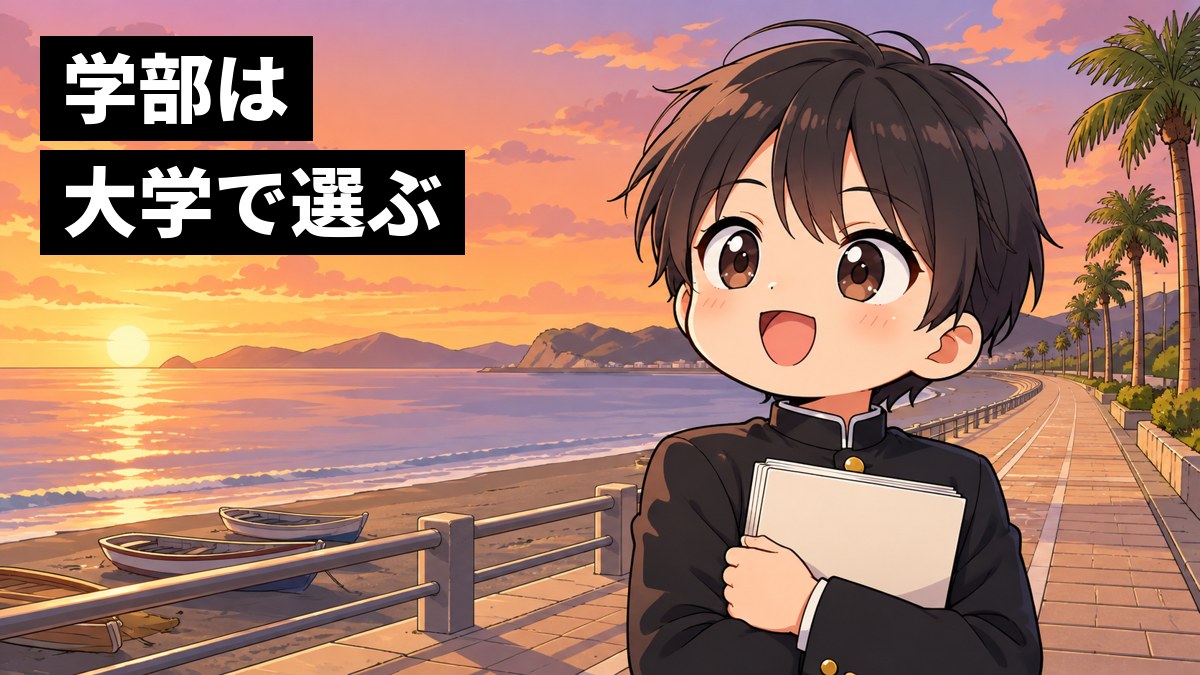 夕方の館山の海辺の遊歩道で、学ラン姿の安房高校の男子が参考書を胸に抱え、遠くを見ながら晴れやかに笑っている挿絵。文字「学部は大学で選ぶ」