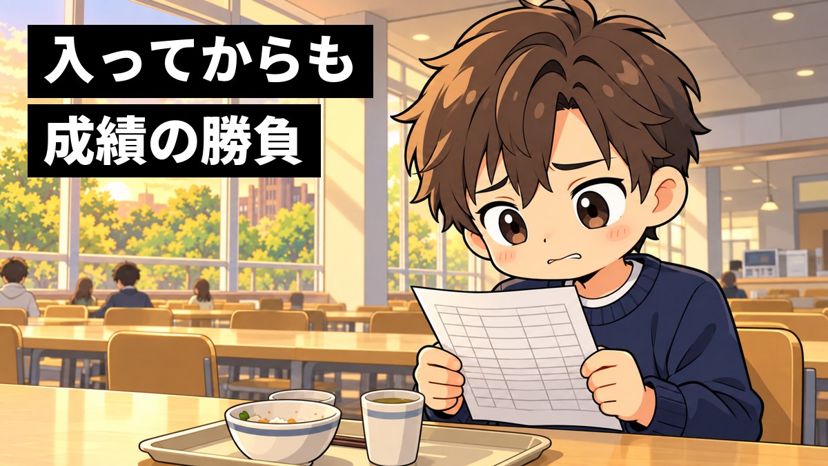 夕方の大学の食堂の窓際の席で、短い茶色の髪の男子大学生が成績の紙を両手で持ち、眉を下げて不安そうに唇をかんでいる挿絵。文字「入ってからも成績の勝負」