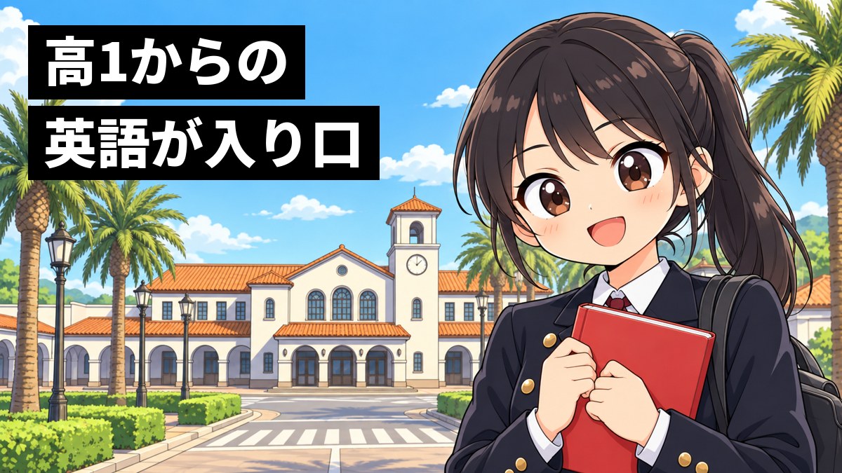 朝の館山駅の前で、安房高校の制服の女子が英単語帳を胸に抱え、手応えを感じてにっこり笑っている挿絵。文字「高1からの英語が入り口」