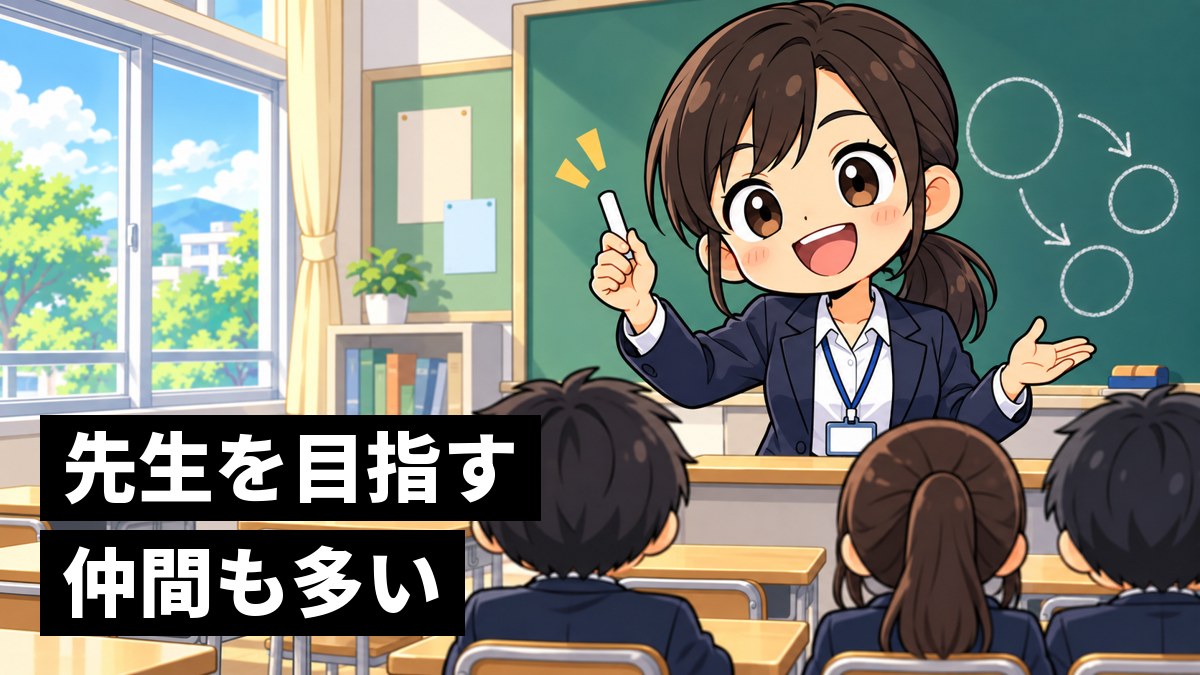 中学校の教室の教壇で、教育実習の女子大学生がチョークを持って黒板の前に立ち、目を輝かせて夢中で説明している挿絵。手前に前を向いて座る生徒の後ろ姿。文字「先生を目指す仲間も多い」