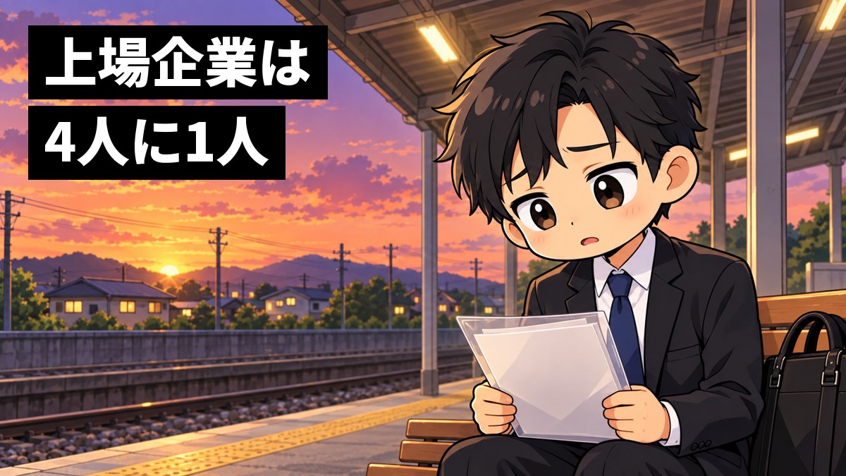 夕暮れの郊外の駅のホームで、就活スーツの男子大学生がベンチに座って書類の入ったファイルを膝にのせ、肩を落としてため息をついている挿絵。文字「上場企業は4人に1人」