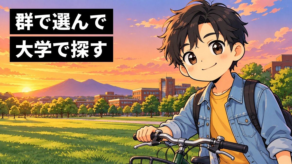 夕焼けに染まる二つの峰の山を遠くに見る広い芝生のキャンパスで、自転車を押して立ち止まったデニムジャケットの男子大学生が、やり切った顔で満足そうに笑っている挿絵。文字「群で選んで大学で探す」