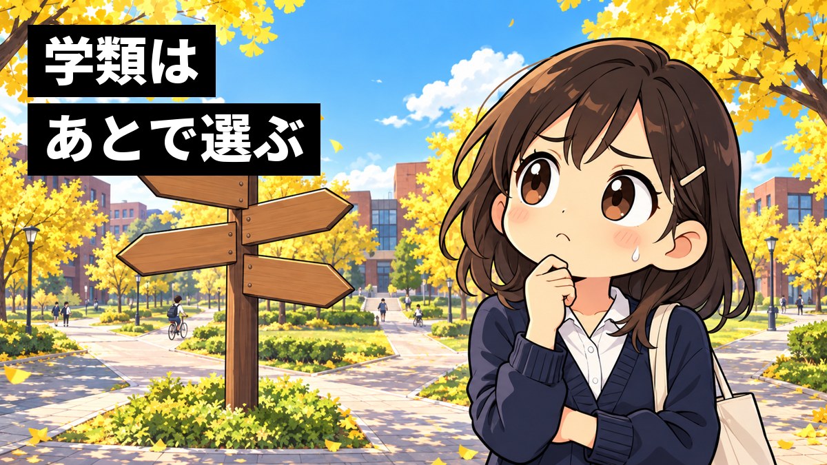 黄色いイチョウ並木の歩道が何本にも分かれるキャンパスで、何も書いていない矢印の標識の前に立つ紺のカーディガンの女子大学生が、眉を下げて腕を組み、どの道に進むか考え込んでいる挿絵。文字「学類はあとで選ぶ」