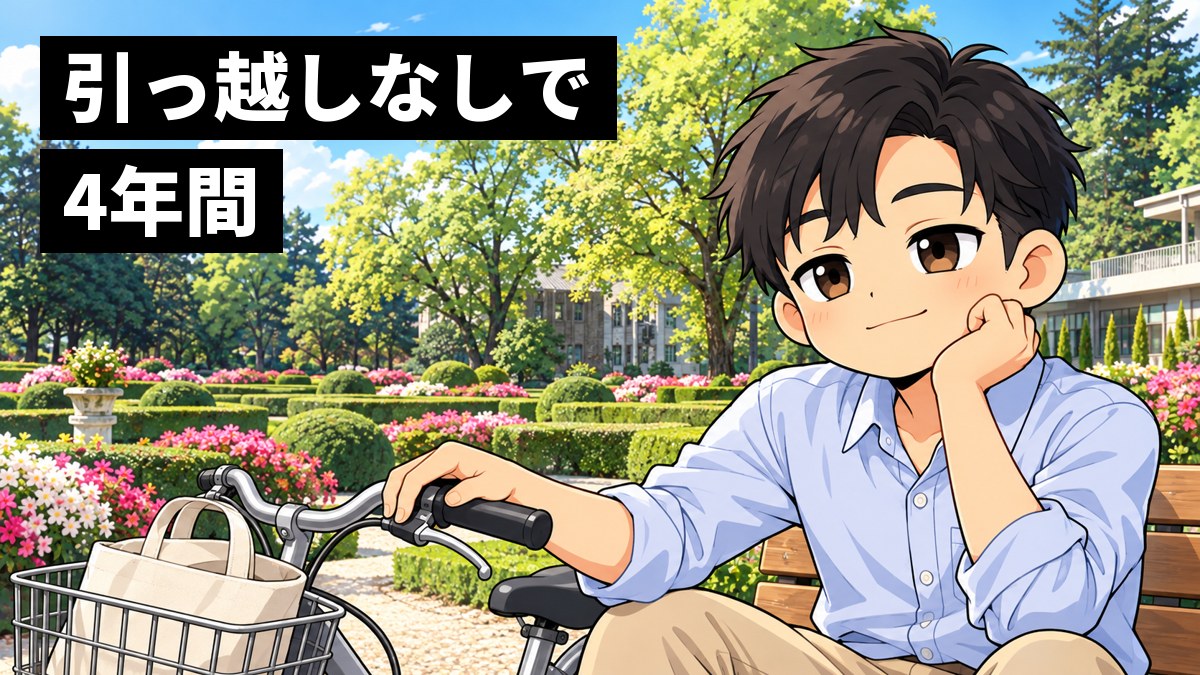 刈り込まれた生け垣と花壇のある洋風の庭園で、自転車を横に止めた、黒髪をきっちり刈り上げた男子大学生がベンチに座り、ほっとした穏やかな笑顔を浮かべている挿絵。文字「引っ越しなしで4年間」