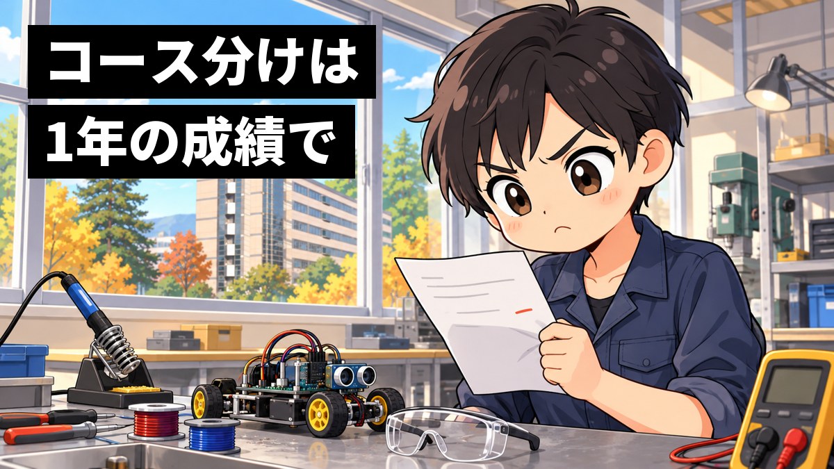 工学部の実習室の作業台で、黒髪のショートカットに作業用の紺のつなぎを着た女子大学生が、返ってきた課題の紙を握りしめて悔しそうに口を結んでいる挿絵。文字「コース分けは1年の成績で」