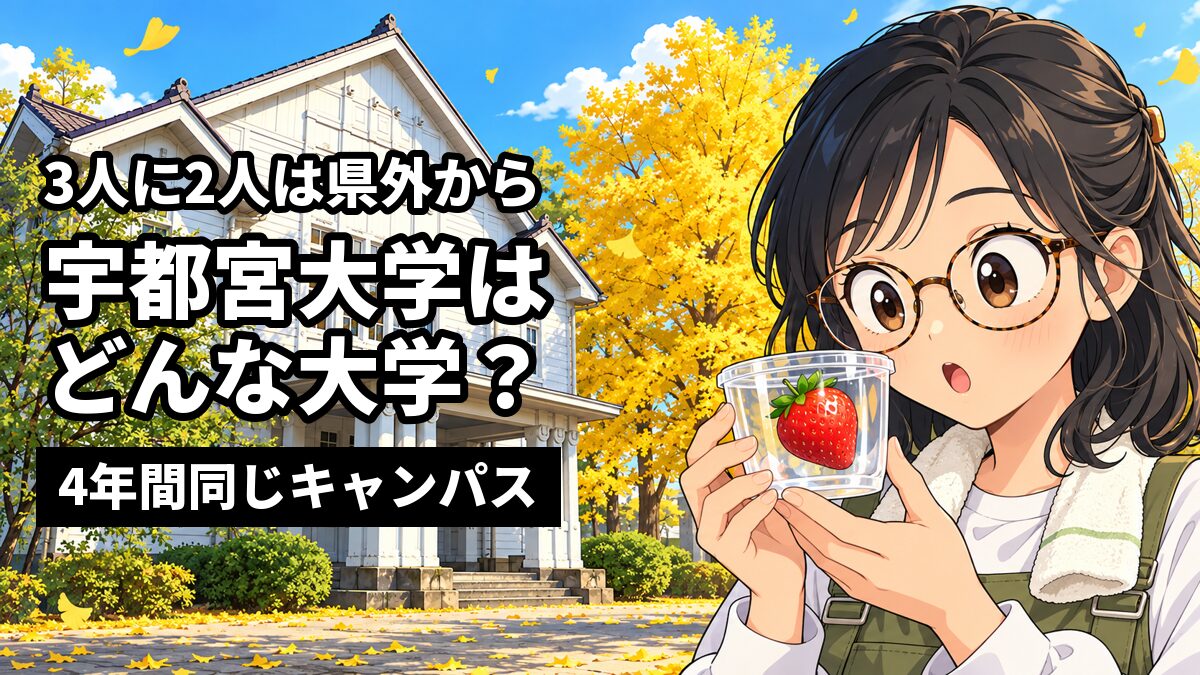 白い木造の峰ヶ丘講堂と黄色く色づいたイチョウの前で、ゆるいウェーブの黒髪をハーフアップにし、カーキのサロペットを着て、イチゴの入った透明な容器を手に驚いたように目を丸くする宇都宮大学の女子学生。「3人に2人は県外から」「宇都宮大学は どんな大学?」「4年間同じキャンパス」の文字。