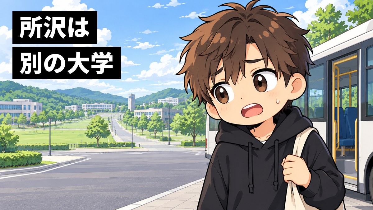緑の丘に囲まれた広い郊外のキャンパスで、スクールバスを降りた男子大学生が、口をぽかんと開けて途方にくれている挿絵。文字「所沢は別の大学」