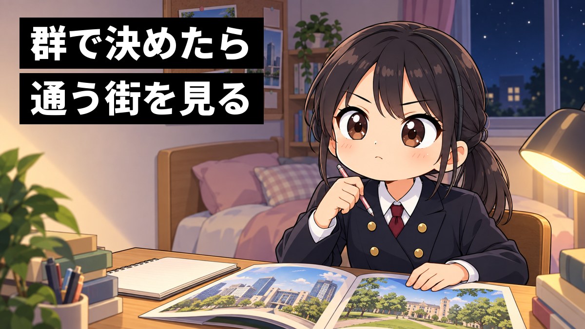 夜の自分の部屋の机で、安房高校の制服の女子が大学のパンフレットを広げ、ひらめいたように顔を上げて口を結んでいる挿絵。文字「群で決めたら通う街を見る」