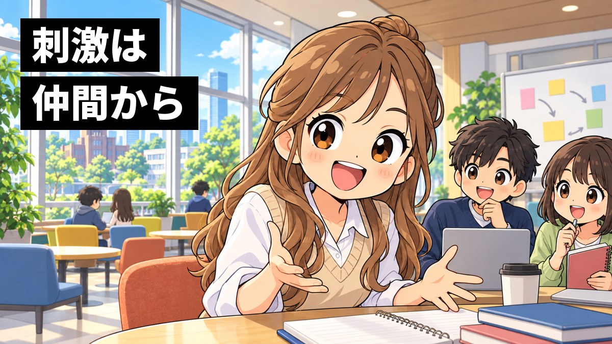 大学のラウンジで、茶髪の女子大学生が仲間たちとの話し合いに身を乗り出し、目を輝かせて夢中になっている挿絵。文字「刺激は仲間から」