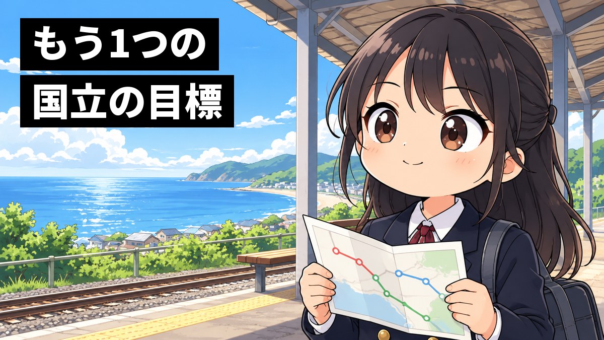 朝の海の見える小さな駅のホームで、安房高校の制服の女子が広げた紙を手に、目を輝かせて小さく笑っている挿絵。文字「もう1つの国立の目標」