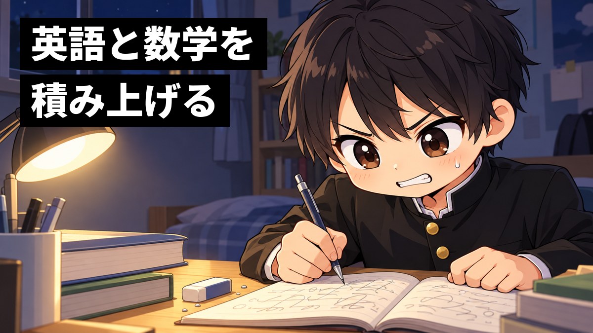 夜の自分の部屋の机で、学ラン姿の安房高校の男子が数学のノートを前に、悔しそうに歯を食いしばってペンを握り直している挿絵。文字「英語と数学を積み上げる」
