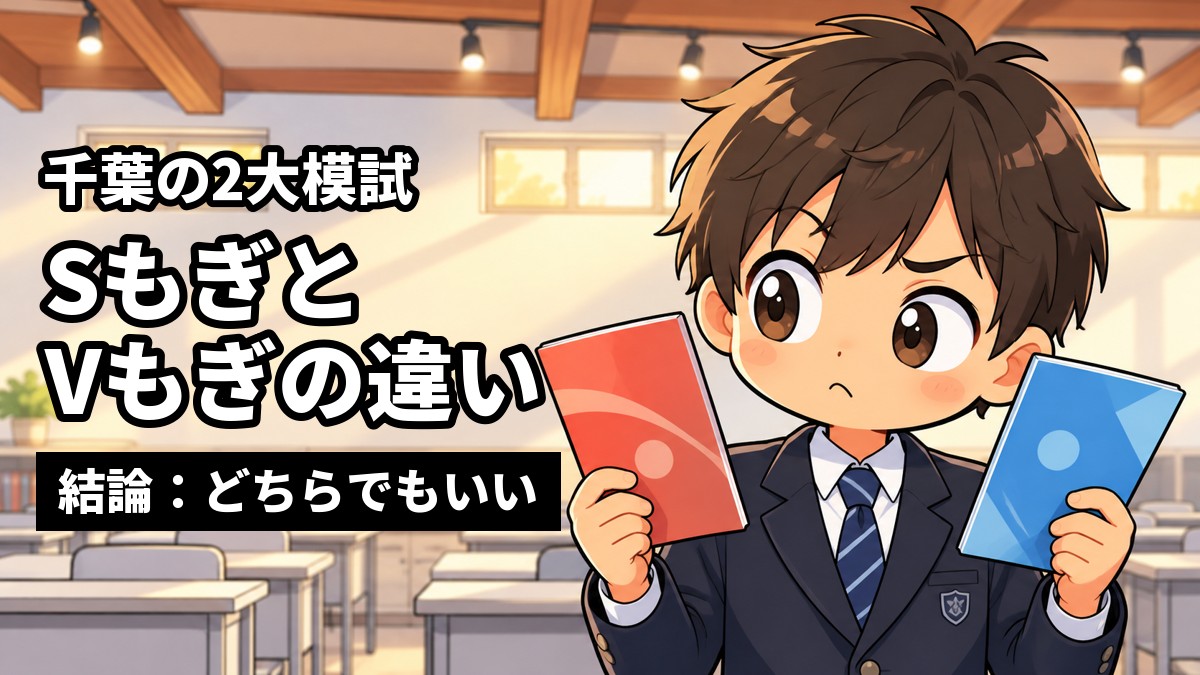 塾の教室で、館山中の制服の中学3年生の男子が赤と青の2つの模試の案内を両手に持って見比べているイラスト。「千葉の2大模試」「Sもぎと Vもぎの違い」「結論:どちらでもいい」の文字。
